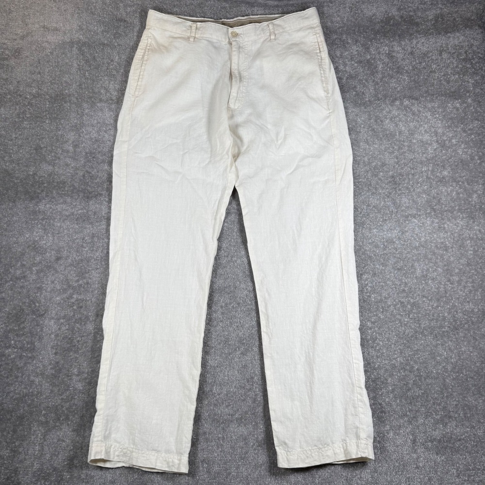 Bohio Pants Mens 34x31 Off White Cream 100% Linen Straight Leg Flat Front Casual